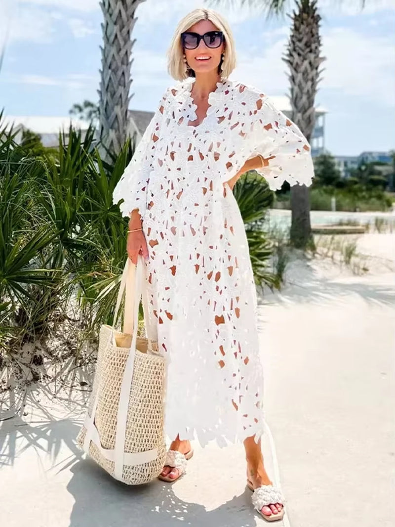 Seductive Elegance: Sexy Lace Hollow Out V-Neck Beach Dress