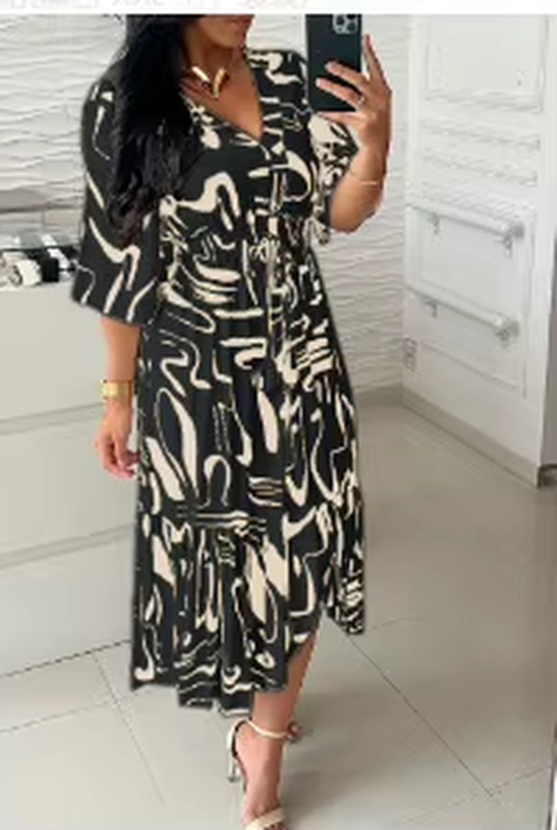 Summer Bohemian Women Print Midi Dress – V-Neck, Half Sleeve, High Elastic Waist A-Line Dress